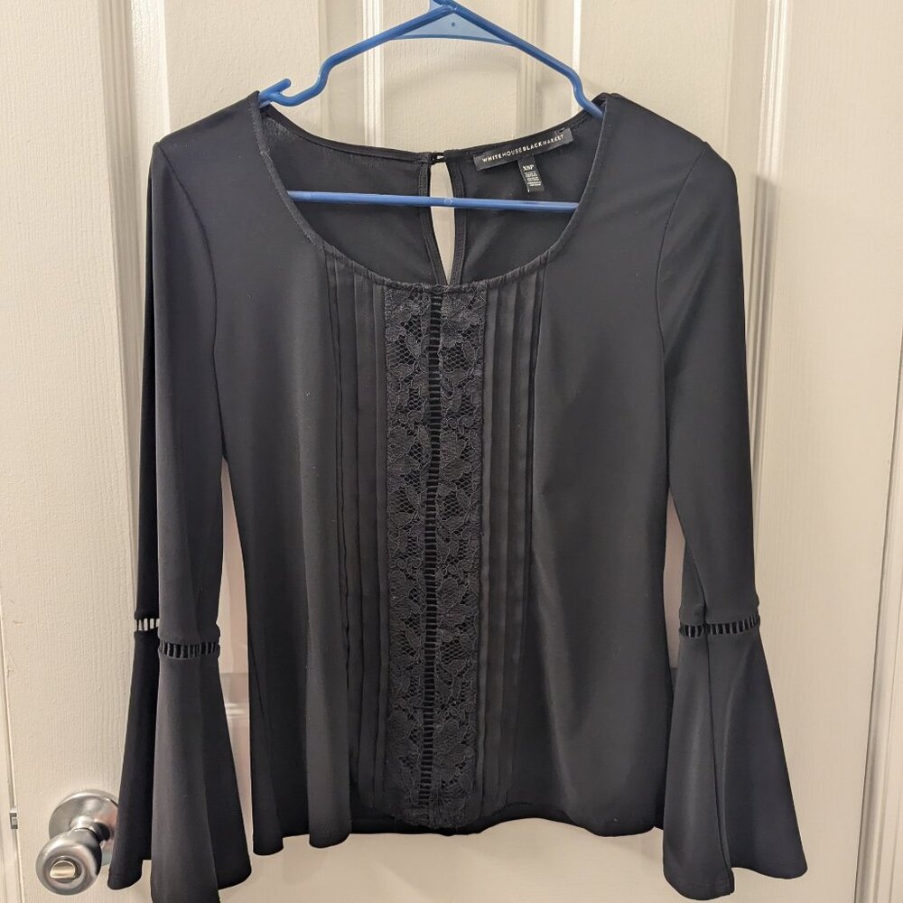 White House Black Market black bell sleeve top with lace XSP